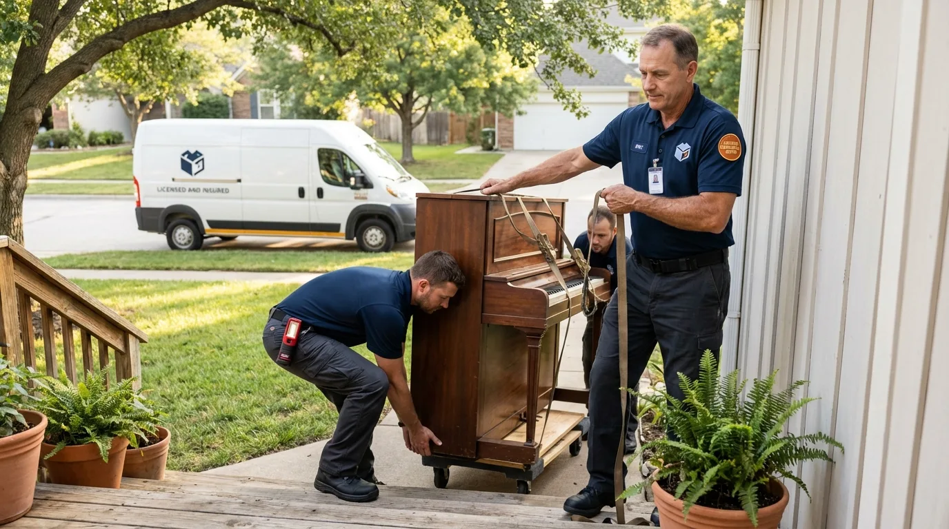 Licensed piano movers securing grand piano in Concord, NC