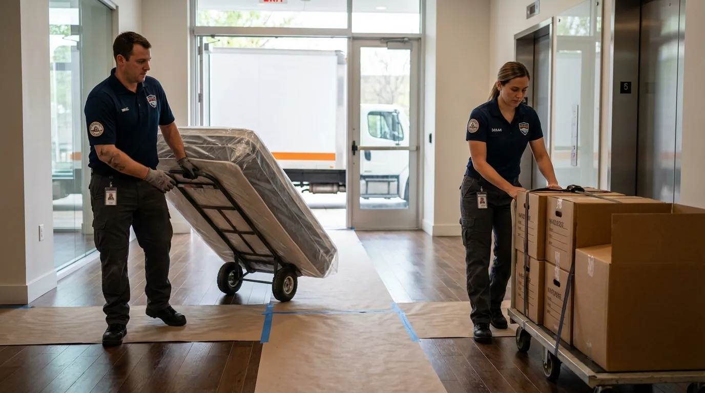 Professional apartment movers loading elevator in Concord, NC